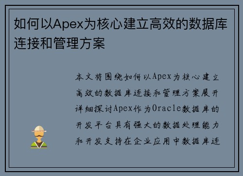 如何以Apex为核心建立高效的数据库连接和管理方案